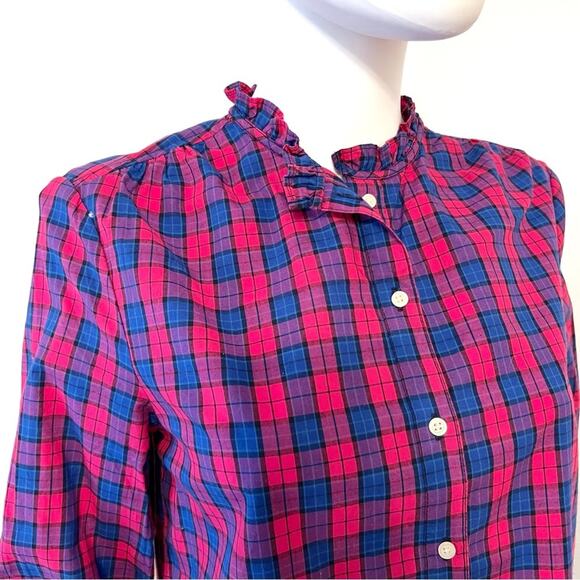 GAP Cotton Plaid Pink Blue Ruffle Popover Top, Small - Picture 2 of 7
